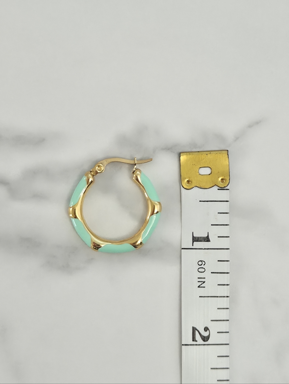 Gold & Vibrant Mint Green Enamel Bamboo Style Hoop Earrings Women Jewelry - Picture 8 of 10